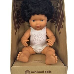 Miniland Educational Baby Doll Caucasian Boy Black Curly Hair 15 Inch‎